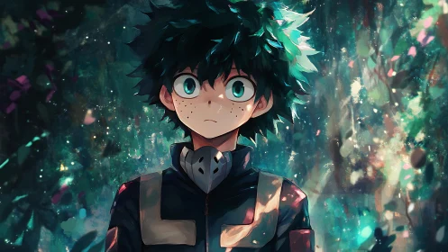 Anime portrait of freckled hero in luminous forest setting.