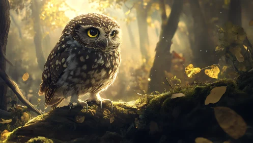 Adorable Owl in Enchanted Forest, Soft Golden Light Fantasy.
