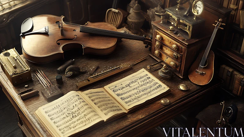 Velvet strings and clockwork memories on a composer’s desk.