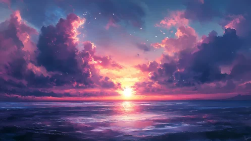 Digital seascape shows low sun, stratocumulus clouds, calm water