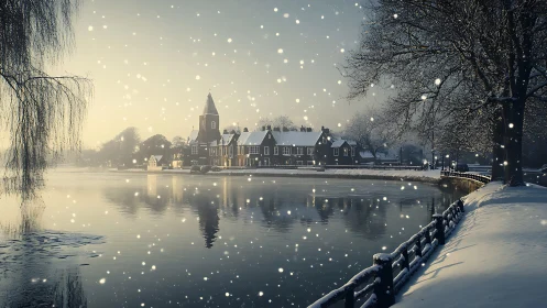 Gentle snowfall embraces a quiet riverside village at dusk