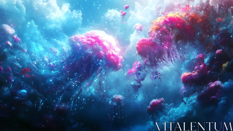 Neon jellyfish drift through glowing cosmic ocean clouds.