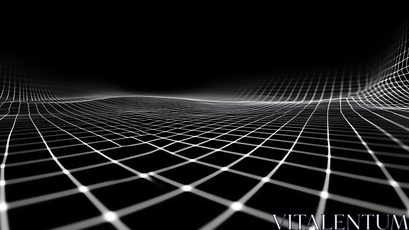 Digital wireframe landscape curves through black void.