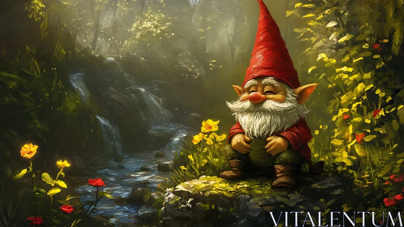 Content forest gnome rests beside sunlit woodland stream