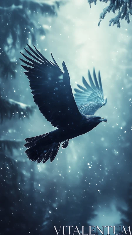 Midnight raven glides through snowlit forest hush