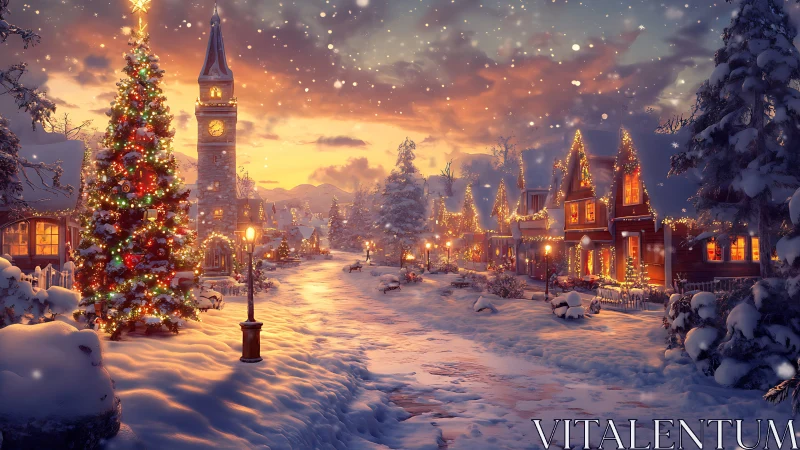 Cozy Christmas village street glowing with gentle festive lights.