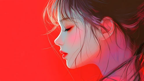 Crimson silence leans against light, tracing a dreaming profile