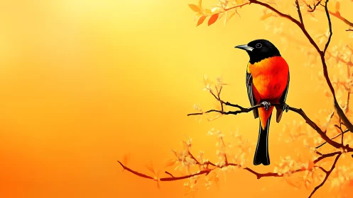 Scarlet Robin Perched on Autumn Branch Against Golden Sky.