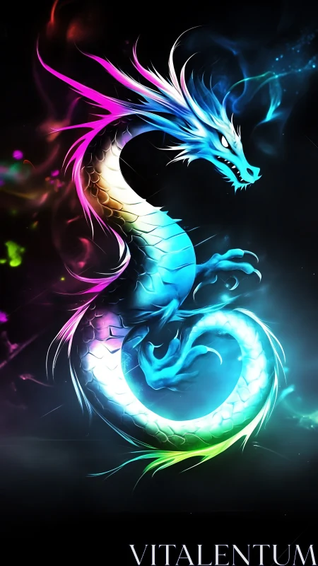 Luminous rainbow dragon curling through electric night skies.