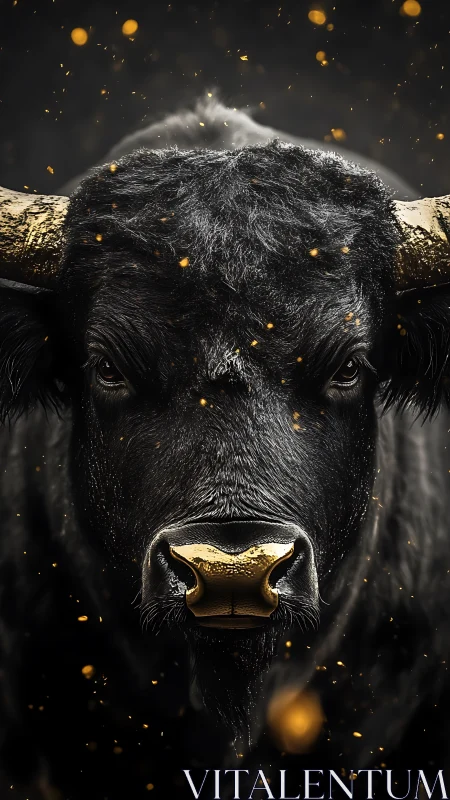 Golden-horned black bull stares through drifting embers.