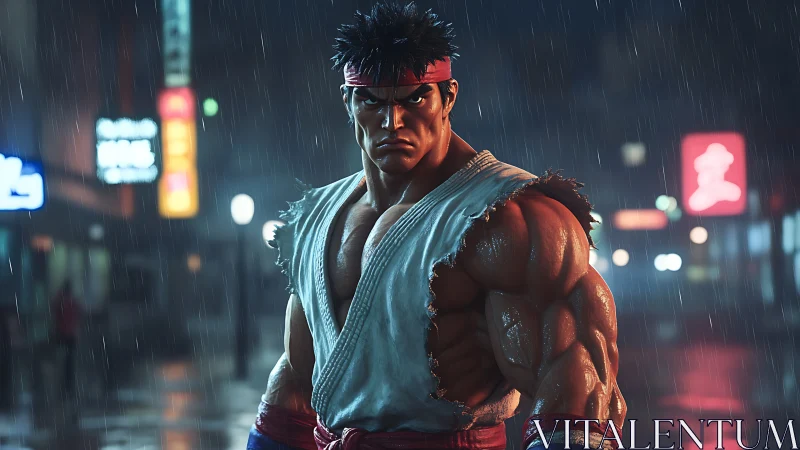 Hyperreal street fighter in rain-soaked urban nightscape
