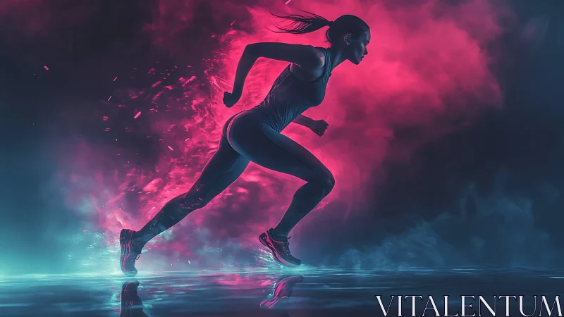 Neon-illuminated sprinter in dynamic lateral stride profile.