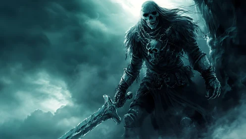 Stormlit skeletal warrior strides through misty twilight.