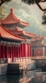Red Chinese palace buildings stand beside still reflective water