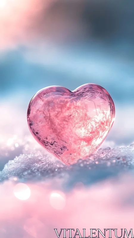 Crystalline Pink Heart Resting on Frosted Snow