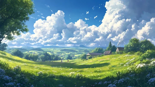 Sunlit rural valley rendered in luminous anime landscape art