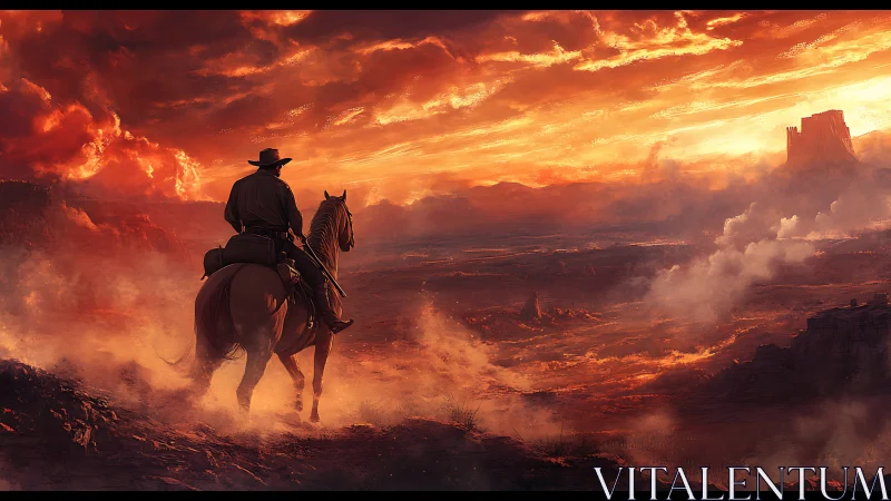 Lone cowboy on horseback surveying fiery desert canyon at dusk