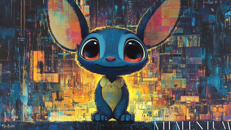 Blue cartoon creature against geometric multicolor background.