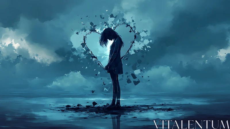 Solitary figure framed by shattering heart in cyan stormscape