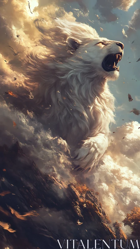 Storm-sculpted white lion erupts from turbulent cloud strata roaring