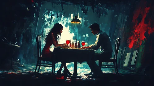 Intimate Dinner Date: Digital Rendering of Romantic Evening in Urban Setting.