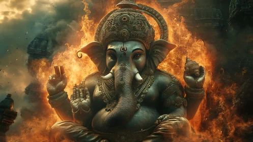 Sculptural Ganesha figure emerges from infernal chromatic flames