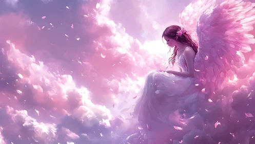 Daydreaming angel drifts through rose-lit celestial clouds.