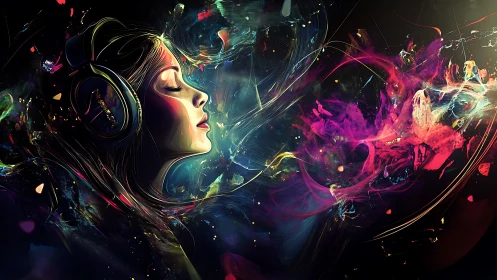 Digital painting portrait with chromatic audio waveforms flow.