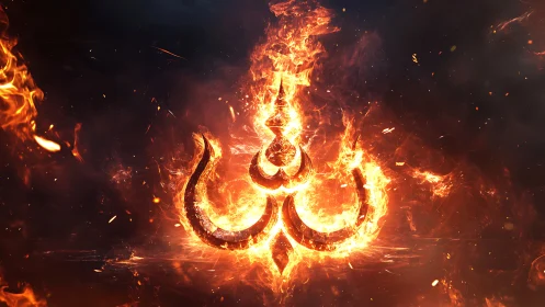 Fiery glowing emblem burning against dark smoky void.