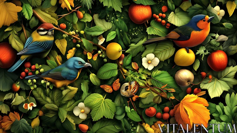 Colorful songbirds rest among dense autumn orchard foliage