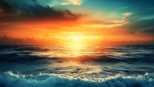 Sunset over open ocean with layered clouds and waves.