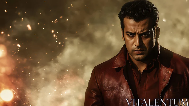 Brooding hero in a crimson jacket amid drifting sparks.