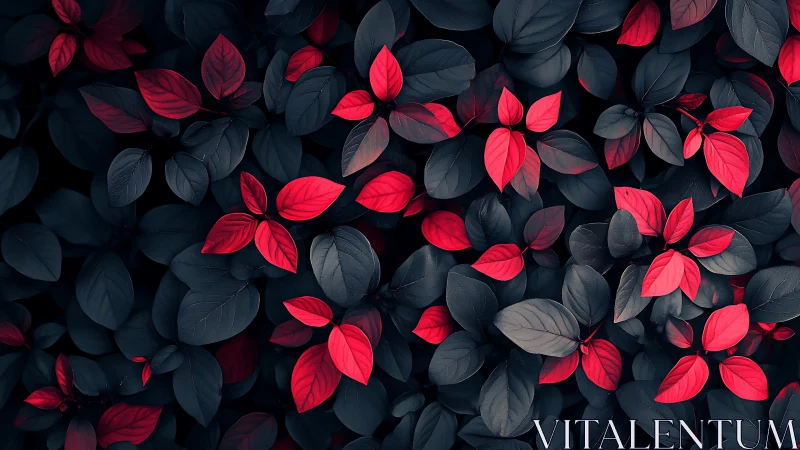 Dark foliage with vivid red leaves in dense overhead view.