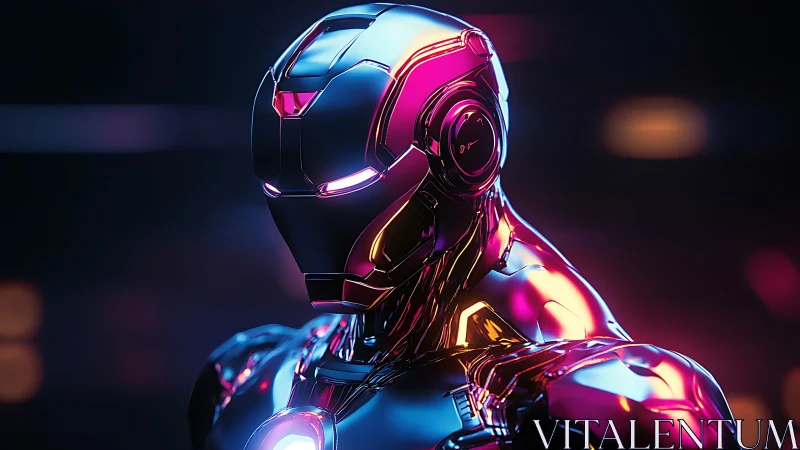 Chromed humanoid android stands under neon magenta blue light