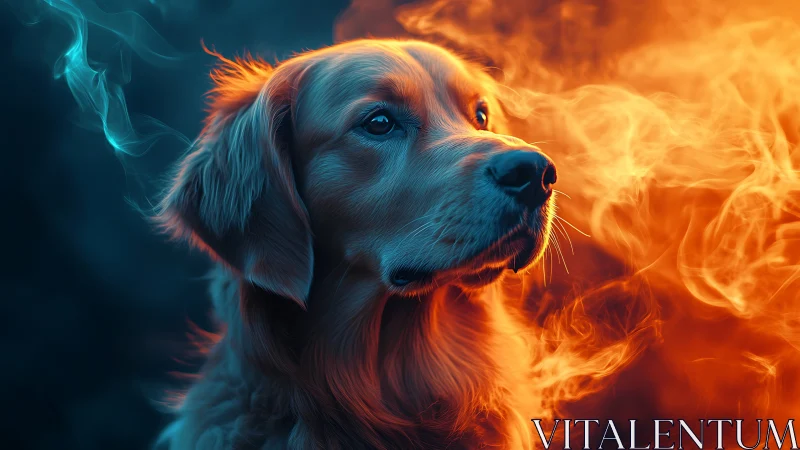 Fire and Ice Dog Portrait with Mystical Energy Effect.