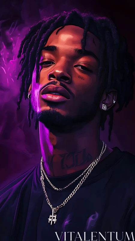 Digital portrait shows man with chains against purple haze