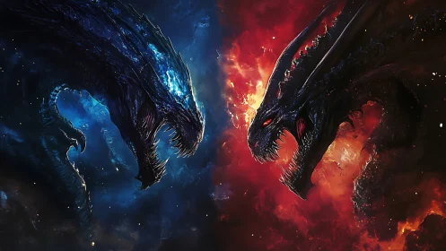 Two opposing elemental dragons in contrasting color fields.