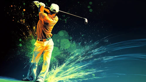 Dynamic digital painting of golfer swing in neon splash motion.