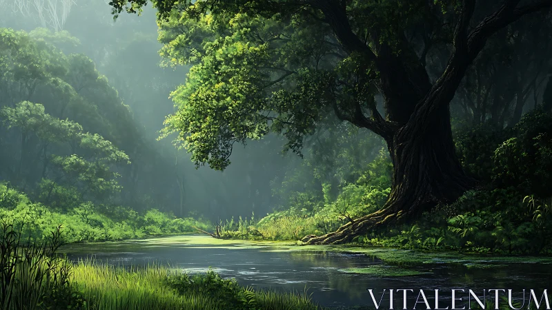 Misty Forest River Canyon. Ancient Tree Guardian.