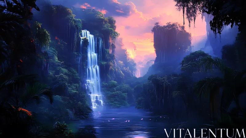 Moonlit waterfalls whisper under a neon twilight sky
