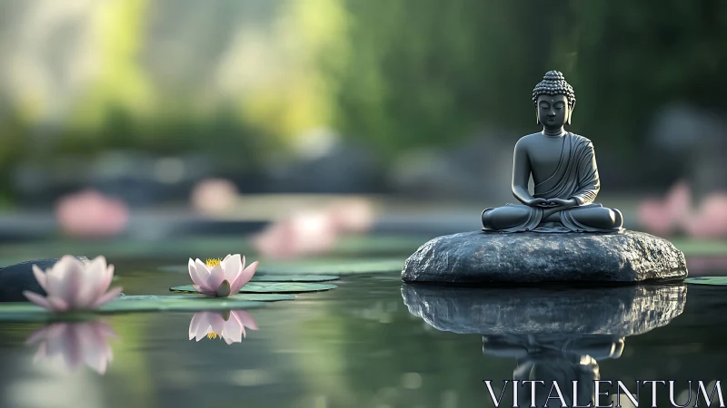 Buddha statue sits on central rock above reflective pond