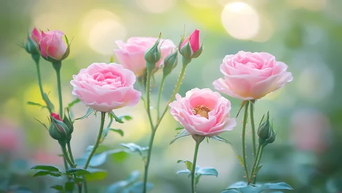 Pink Garden Roses with Buds Against Soft Bokeh Background.