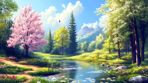 Springtime river valley beneath sunlit mountain peaks.