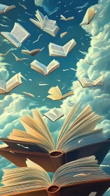 Open books float among clouds under bright blue sky