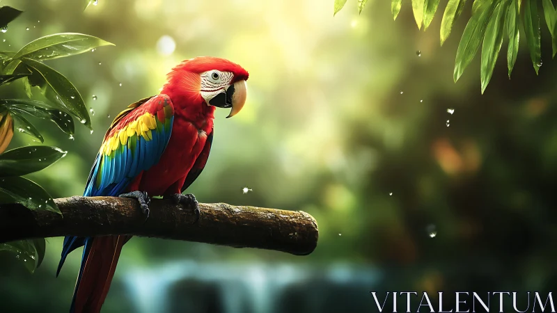 Vibrant Scarlet Macaw Perched on Jungle Branch, Photorealistic Art.
