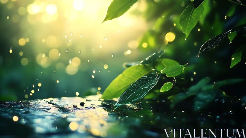 Luminous rain-washed foliage in shallow-depth macro study.