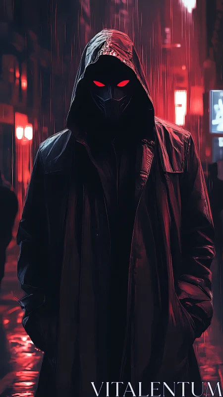 Mysterious hooded watcher stands under neon city rain