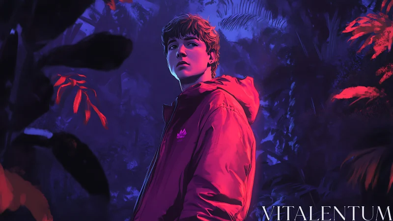 Teen in red jacket stands in dense foliage under colored light