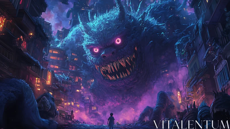 Colossal creature confronting solitary figure in neon alley.