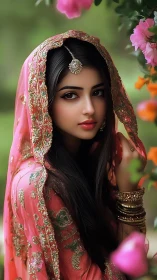 Bridal portrait in pink embroidered sari with floral bokeh.